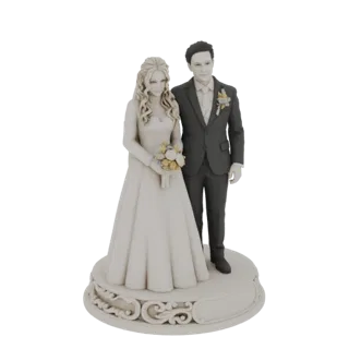 Modèle 3D d'un topper de gâteau de mariage marié et mariée, avec la mariée en robe blanche tenant un bouquet et le marié en c