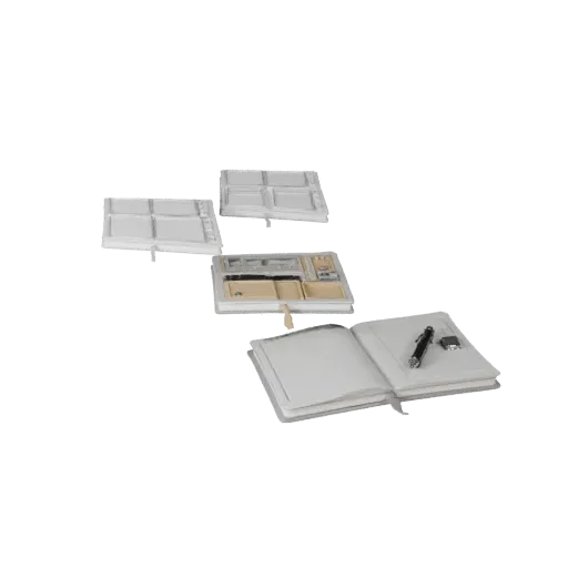Minimal Notebook Stylized 3D model, stylized isometric render, showing plastic, desk-scale silhouettes.