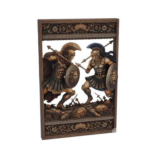 3D model of an ancient Greek warrior battle relief sculpture, featuring two warriors fighting over fallen enemies.