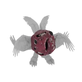 3D model of a grotesque winged orb creature with a red, fleshy body, multiple mouths, and white feathered wings, against a wh