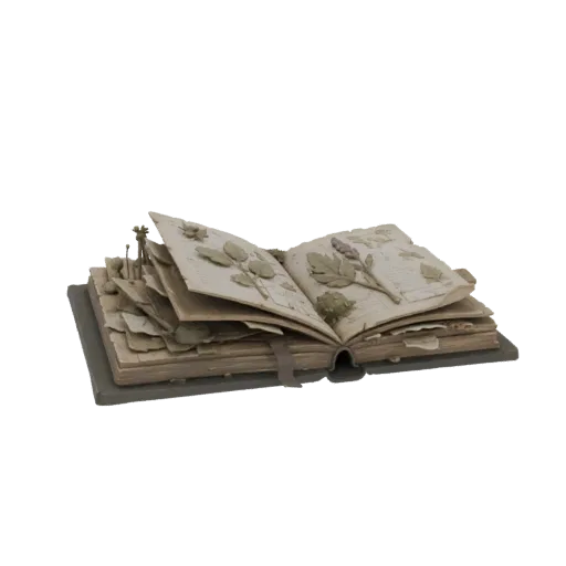 3D model of an open ancient herbalist's grimoire with pressed plants and aged pages, set against a black background.