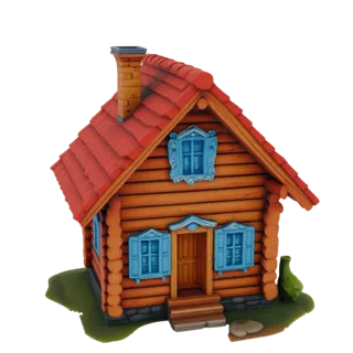 Modèle 3D d'une cabane rustique avec des murs en rondins orange, un toit rouge couvert de bardeaux et des volets de fenêtre b