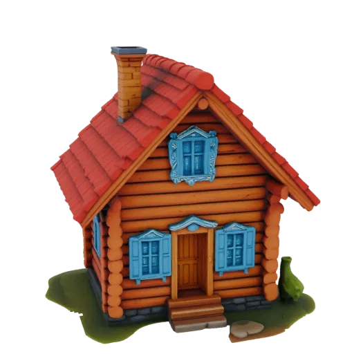 3D-Modell einer rustikalen Blockhütte mit orangefarbenen Holzstämmen, einem roten Schindeldach und leuchtend blauen Fensterlä