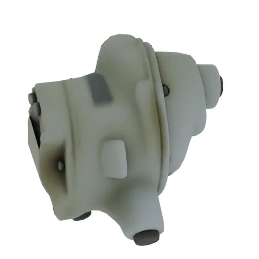 A 3D render of a weathered industrial gearbox with visible grime and wear marks, set against a white background.
