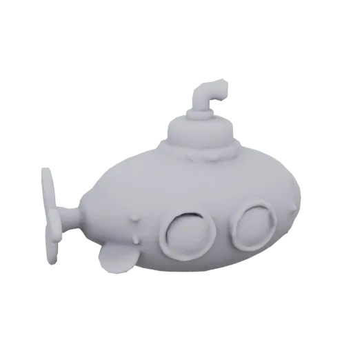 A light gray 3D model of a cartoon submarine with large portholes and a propeller, set against a white background.