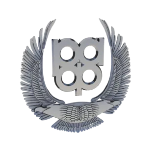 3D render of a polished silver eagle emblem with outstretched wings, a laurel wreath, and a central '88' insignia, set agains