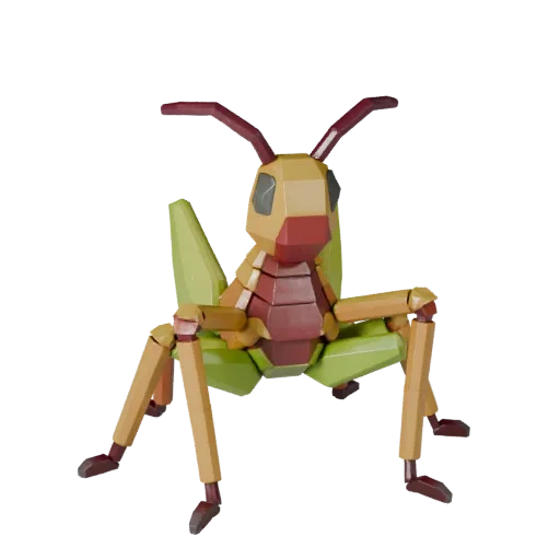 Modelo STL de Saltamontes de Alta Poligonización, vista de pantalla isométrica, figura animal lista para imprimir con separac