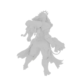 Rear view of a 3D model of a sci-fi warrior woman in armor, carrying a backpack and holding a rifle.