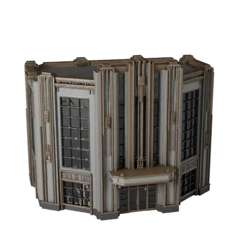 Modelo 3D de Fachada Art Deco poligonal bajo, vista exterior lista para juego, mostrando materiales de fachada de edificio y