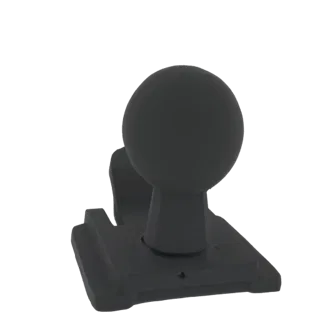 Modelo 3D de uma cabeça esférica preta montada em uma base geométrica, apresentado contra um fundo branco.