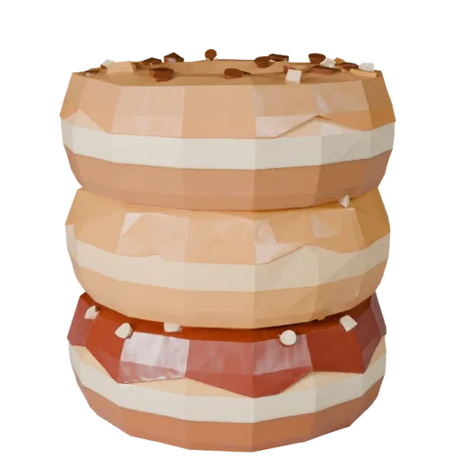 Celebration Donut Stack Low Poly 3D-Modell, Spiel-Viewport-Dreiviertelansicht, zeigt Sahne, süße Lebensmittel-Silhouette.