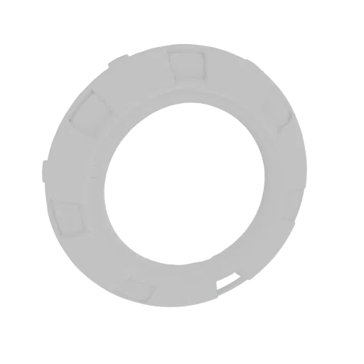 3D render of a futuristic circular component with a central void, featuring detailed grooves and a segmented outer edge on a