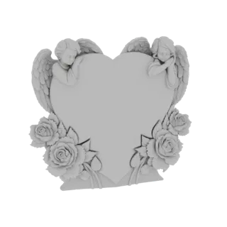 Modelo 3D de uma moldura em forma de coração com dois anjos e rosas, renderizado em um material cinza neutro.