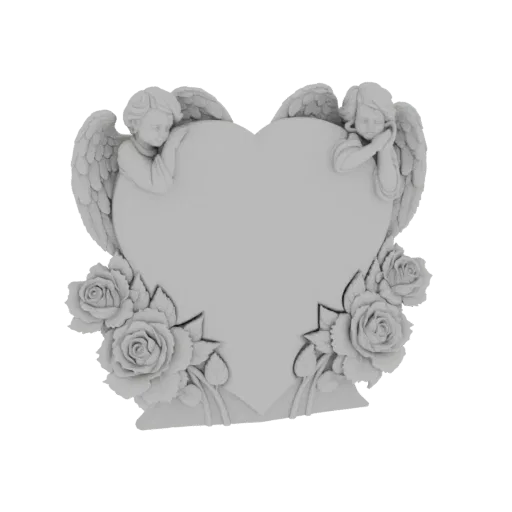 Modelo 3D de un marco en forma de corazón con dos querubines y rosas, renderizado en un material gris neutro.