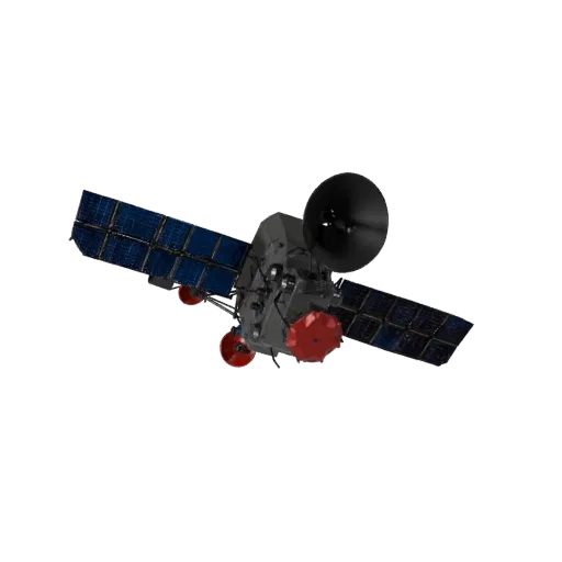 Weather Satellite Stylized 3D model, stylized isometric render, showing solar panels, spacecraft silhouette.