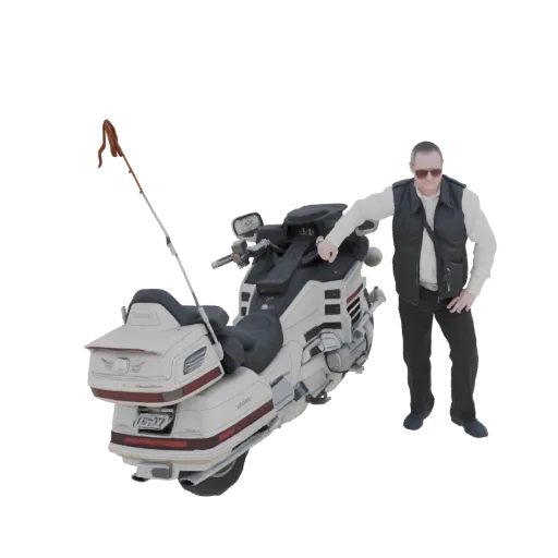 3D model of a man in a vest and sunglasses leaning on a white touring motorcycle with a flag.