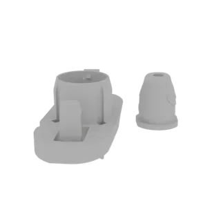 Ein 3D-Rendering einer grauen Kunststoffkappe und Basis-Baugruppe, separat vor schwarzem Hintergrund gezeigt.