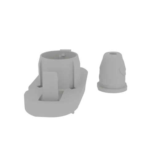 A 3D render of a gray plastic cap and base assembly, shown separately against a black background.