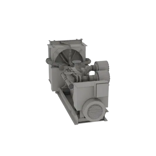 3D model of an industrial cooling unit with pipes, fans, and a motor, presented on a black background.