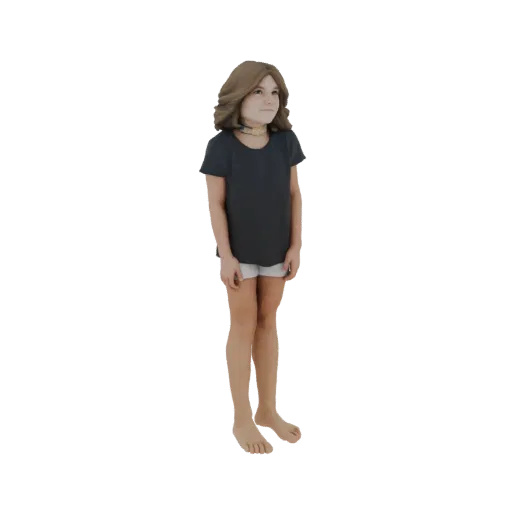 Modèle 3D d'une jeune fille aux cheveux bruns, portant un t-shirt sombre et un short blanc, debout avec la tête légèrement to
