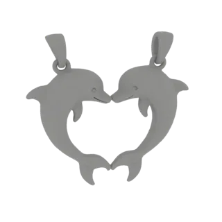3D model of two gray dolphins forming a heart shape, with loops for pendants.