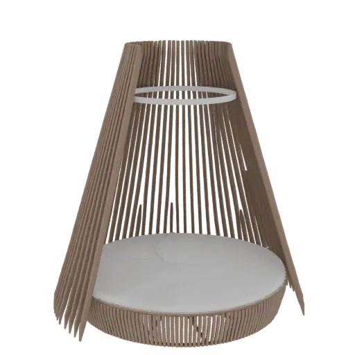 3D model of a modern daybed with a conical woven canopy and a white circular cushion, set against a black background.