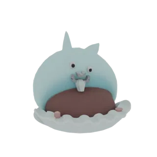 Un rendu 3D d'un personnage mignon et rond bleu inspiré de Totoro, avec un ventre marron et une base ondulée, sur fond blanc.