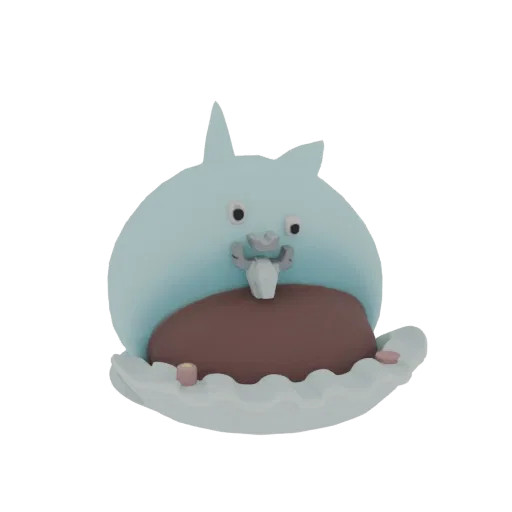 A 3D render of a cute, chubby blue character inspired by Totoro, with a brown belly and a wavy base, against a white backgrou