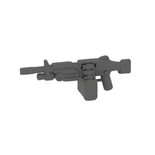 3D model of a gray assault rifle with a box magazine attached, viewed from the side.