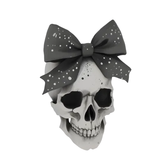 A 3D render of a realistic gothic skull wearing a dark bow with white polka dots.
