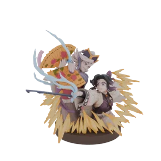 Diorama 3D de Shinobu Kocho luchando contra Doma de Demon Slayer, con poses dinámicas y efectos de energía.