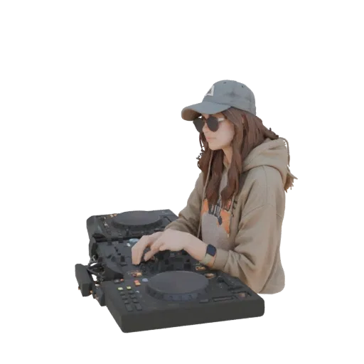 Modèle 3D d'une jeune DJ portant une casquette et un casque, avec des lunettes de soleil, opérant une console de DJ.