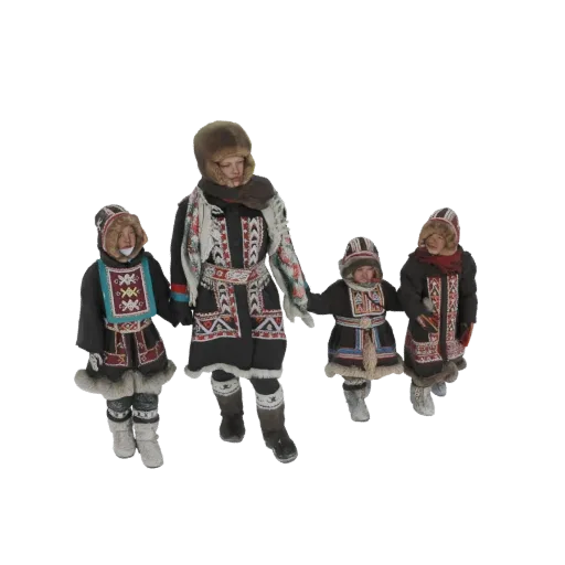 3D model of an indigenous family with an adult and three children in traditional winter clothing, holding hands.