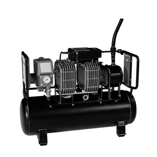 Air Compressor 3D model, side profile view, technical viewport render, showing painted steel, machine stations.