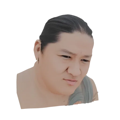 3D model of an Asian man with a skeptical expression, dark hair slicked back, looking slightly down and to the side.