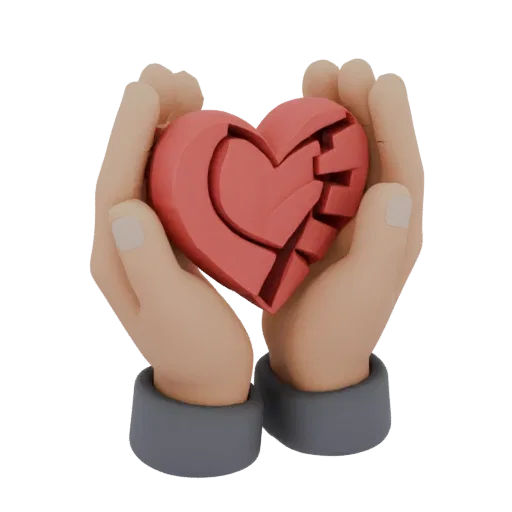 3D model of a broken red heart held by two hands, on a white background