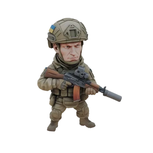 3D model of a chibi soldier in tactical gear, holding an AK-47 rifle with a silencer, featuring a Ukrainian flag on the helme
