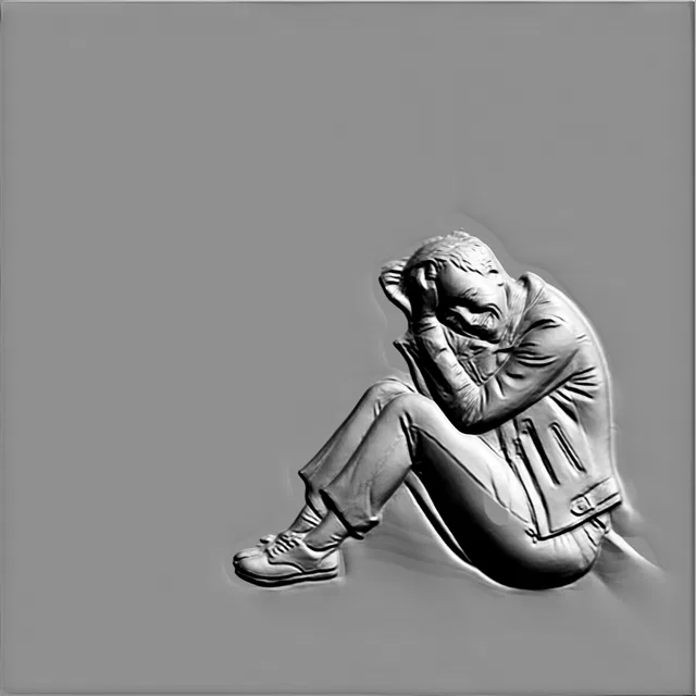 3D model of a grieving man in a jacket bas-relief, sitting in a thoughtful pose.