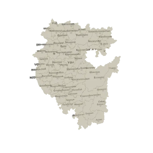 3D model of the Baskortostan region map, showing borders and labeled cities.