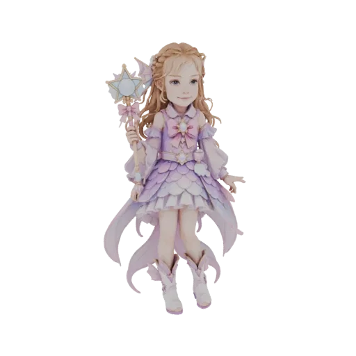 3D model of a young fairy with blonde hair, wearing a lavender scale-dress and holding a star wand, with flowing cape element
