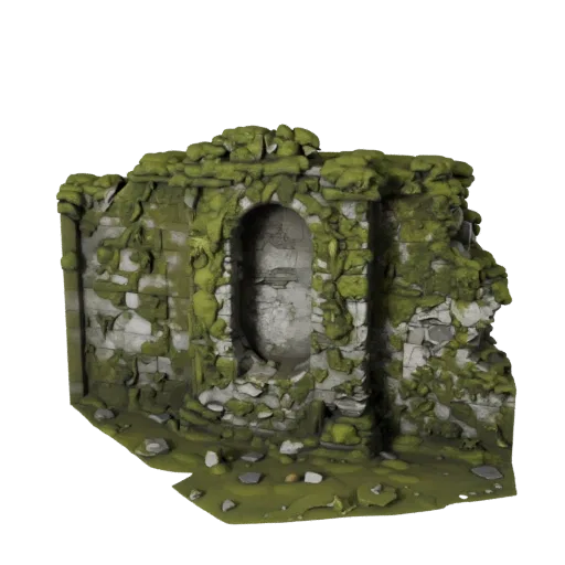 Moss Covered Ruin Wall Stylized 3D model, stylized isometric environment render, showing aged stone, built remnants.