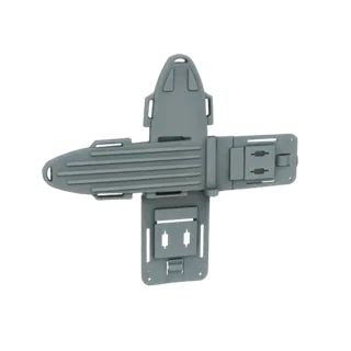 Top-down view of a gray medical stretcher 3D model with multiple articulated sections and textured surfaces, set against a bl