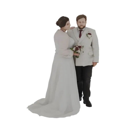 3D-Modell eines Hochzeitspaares, Braut im weißen Kleid und Bräutigam im Anzug, umarmen sich zärtlich mit einem Blumenstrauß.
