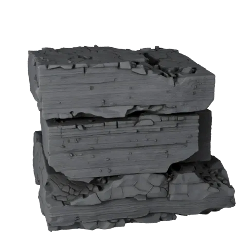 Volcanic Obsidian Rocks Modular 3D model, isometric modular kit view, showing stratified stone, lava channels.