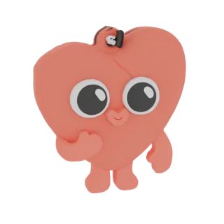 A 3D render of a cute, coral-pink heart character with large eyes, a small smile, and stubby arms and legs, presented on a wh