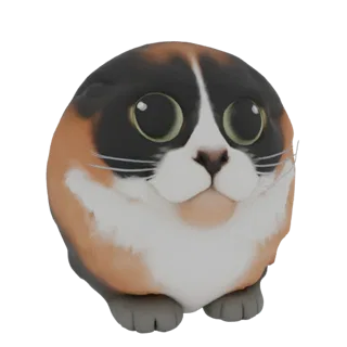 Modelo 3D de un gato calicó muy redondo y gordito con grandes ojos verdes, sentado y mirando hacia adelante con una expresión