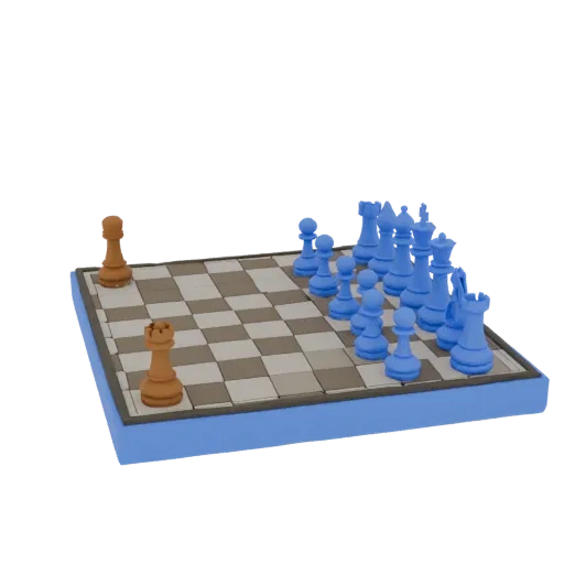 3D model of a chess board with blue and beige pieces, side view