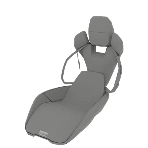 3D model of a gray, ergonomic racing seat with a high backrest and integrated headrest, shown from a three-quarter view.