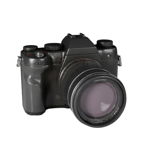 Cinema Video Camera 3D model, three-quarter front view, Unity viewport, showing textured grips, lens barrels.