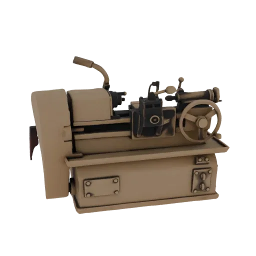 3D model of a vintage metal lathe with a weathered metallic finish, showing the headstock, carriage, and handwheel.